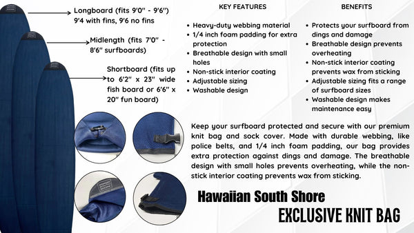 HAWAIIANSOUTHSHORE Surfboard Socks Stretch Mesh Non-Stick FUNBOARD - Fits boards from 7&#39;0&quot; to 8&#39;6&quot;