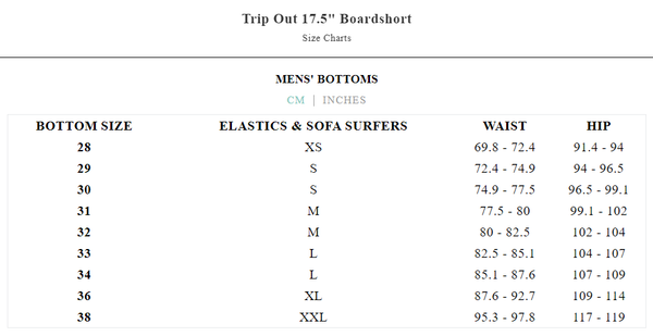 Vissla Trip out Size Chart