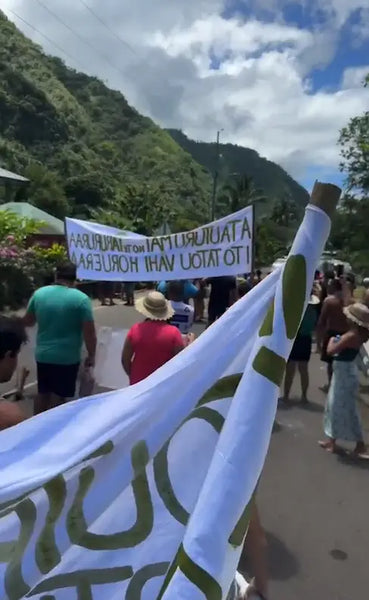 Hawaii people protesting the teahupoo tower construction